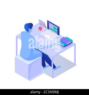 Homme assis sur un bureau avec illustration isométrique pour ordinateur portable. Caractère utilisant derrière le périphérique ouvert. Illustration de Vecteur