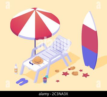 Chaise longue vide sur la plage. Coque en plastique blanc sous une élégante planche à voile rouge et blanche. Illustration de Vecteur