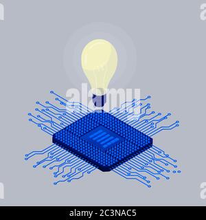 L'idée d'amplifier le processeur d'ordinateur. Puce numérique moderne bleue avec lumière brûlante au-dessus. Illustration de Vecteur