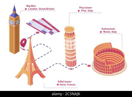 Itinéraire touristique vues Europe illustration isométrique. Plan de voyage prévu Londres Big Ben premier arrêt Paris Tour Eiffel. Illustration de Vecteur