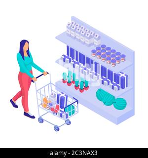 Illustration isométrique de supermarché shopping. Le personnage avec chariot achète des produits et des choses en magasin. Illustration de Vecteur