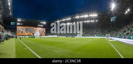 BUDAPEST, HONGRIE - JUIN 20: (NOTE DE LA RÉDACTION: Image est un composite numérique [panoramique].) Les ultras de Ferencvarosi TC (connus sous le nom de Green Monsters) tiennent une bannière pendant le match de la Ligue de la Banque hongroise OTP entre Ferencvarosi TC et Ujpest FC à Groupama Arena le 20 juin 2020 à Budapest, Hongrie. À partir du 18 juin 2020, la participation aux manifestations de football en Hongrie n'est pas limitée. Banque D'Images