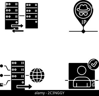 Icônes de glyphe noir de mise en réseau virtuelle définies sur un espace blanc Illustration de Vecteur