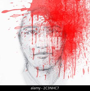Dessin à la main Portrait d'UN homme de Youngs avec une épine de sang rouge sur son visage - Pencil Sketch Banque D'Images