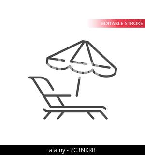 Chaise longue, salon ou solarium avec parasol icône en forme de ligne fine. Contour, vecteur de contour modifiable. Illustration de Vecteur