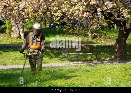 service de jardin professionnel au travail. concept d'entretien de pelouse. coupe d'herbe dans le parc. printemps saison été Banque D'Images