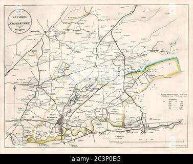 Carte historique, datée de 1829 montrant Kilmarnock et les environs, Ayrshire, Écosse, avec des détails sur les populations et les évaluations de terres, Royaume-Uni Banque D'Images