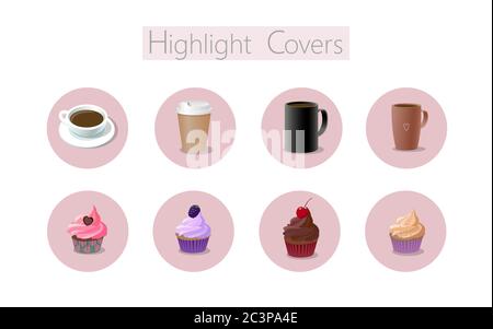 Couverture 3D réaliste des desserts café en forme de coffre-fort pour les réseaux sociaux. Met en évidence le modèle d'articles. Café barista salon de thé chaud tasse gâteaux concept Vector Illustration de Vecteur