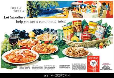 1963 publicité britannique en double page pour les conserves de pâtes alimentaires de Smedley. Banque D'Images