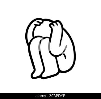Une personne de dessin animé a gondolé le visage caché. Dépression, anxiété et crise de panique. Dessin simple en noir et blanc, illustration de clip art vectoriel. Illustration de Vecteur