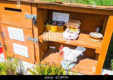 Œufs,volaille,poulets,miel,ferme,produits,a,vendre,en,toute,honnêteté,boîte,a,l,extérieur,petite,boutique,entreprise,entrepreneur,Ynyslas,Borth,Cardigan Bay,Ceredigion,rural,campagne,nord,d,Aberystwyth,Mid,West,Wales,Welsh,UK,GB,Great,Britain,British,Britain,UK,Vente,Oyard,Owny,Owny,Ownair,Own Banque D'Images