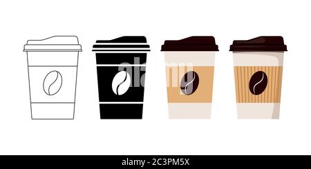 Café à grains de café conçu pour une tasse avec couvercle et porte-gobelet kraft Icon Set isolé sur fond blanc. Illustration de Vecteur