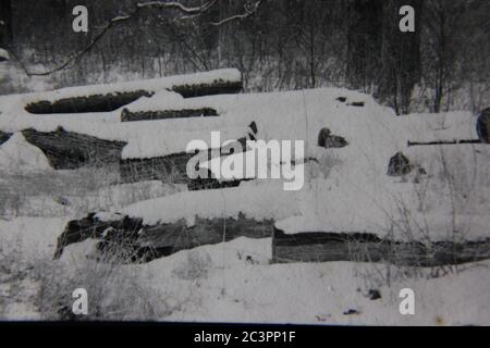 Belle photo en noir et blanc vintage des années 70 d'une pile de billes enneigées. Banque D'Images