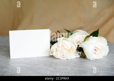 Carte en papier vierge et pivoines sur table en pierre. Carte de vœux avec fleurs pour le concept de fête des mères, de fête des femmes ou de mariage. Banque D'Images