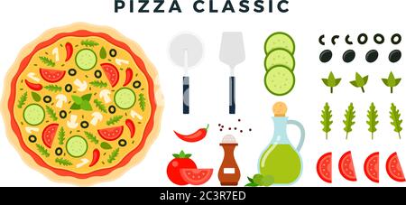 Pizza végétarienne italienne classique et tous les ingrédients pour la cuisine. Faites votre pizza. Ensemble de produits et d'outils pour la fabrication de pizzas. Illustration vectorielle. Illustration de Vecteur