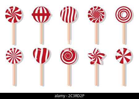 Bonbons de Noël à motif spirale différent. Cadeau rouge et blanc pour les vacances principales en hiver. Dessin animé de sucre doux bâton de bonbons rond de noël avec motif torsadé. Illustration vectorielle isolée Illustration de Vecteur