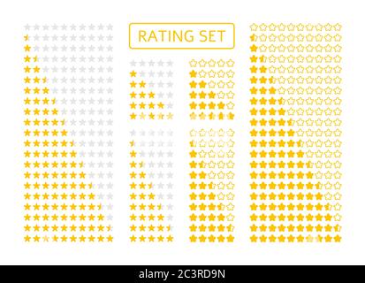 Ensemble de notes jaunes. Avis client de cinq et dix étoiles sur l'évaluation des produits. Évaluation, évaluation à moitié plate. Icône de niveau pour l'application, le site Web. Isolé sur une illustration vectorielle blanche Illustration de Vecteur