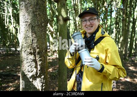 Salem, Allemagne. 18 juin 2020. La biologiste Brigitte Schlögl montre un tube à partir duquel les macaques de Barbarie extraient les arachides dans une étude. Le biologiste étudie le sens de l'odeur des macaques de Barbarie dans une étude scientifique sur la montagne de singes. (À dpa: "Quelle est cette odeur? Les chercheurs étudient le sens de l'odeur dans les macaques de Barbarie") Credit: Felix Kästle/dpa/Alay Live News Banque D'Images