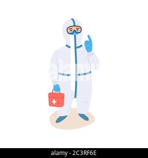 Médecin professionnel avec un geste de la main d'avertissement et un kit de premiers soins avec combinaison de protection. Jeune personnage masculin isolé sur fond blanc. V Illustration de Vecteur