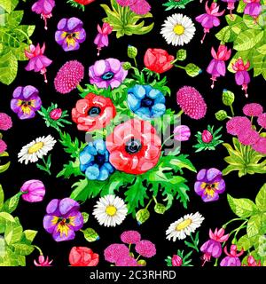 Motif sans couture avec fleurs d'Anemone, de Daisy et de Fuchchia sur fond noir. Illustration botanique aquarelle avec éléments floraux pour textile Banque D'Images