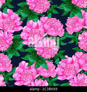 Motif sans couture avec fleurs de pivoine rose sur fond bleu. Aquarelle peinte à la main illustration botanique avec éléments floraux pour tissu de textile Banque D'Images