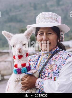 YANQUE, COLCA VALLEY, PÉROU - 20 JANVIER 2018 : la femme autochtone pose pour un portrait tenant un bébé alpaga avec un costume typique dans le Colca traditionnel Banque D'Images