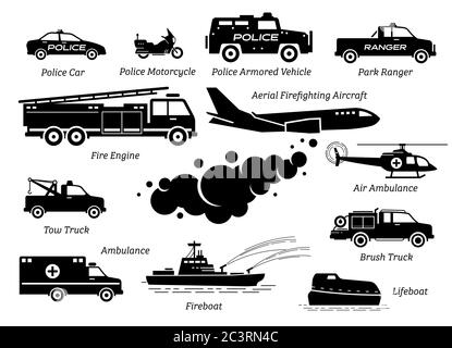 Liste des icônes de véhicules d'intervention d'urgence. Les illustrations représentent une voiture de police, une moto de police, un véhicule blindé, un véhicule d'incendie, une ambulance, un bateau de sauvetage, un hélic Illustration de Vecteur