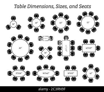 Dimensions, tailles et sièges de tables rondes, ovales et rectangulaires. Les icônes de pictogrammes représentent la vue de dessus et le nombre de sièges dans différents types de tableau Illustration de Vecteur