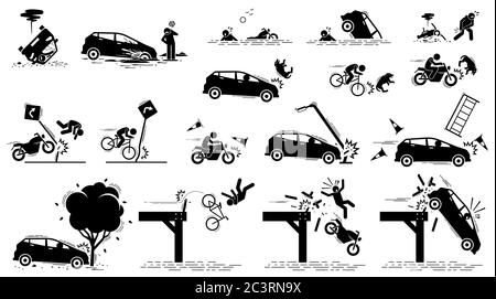 Danger de la route, accident de voiture et accident de la circulation. Icônes vectorielles du conducteur de voiture coincé dans la boue, conduite du véhicule dans l'eau, cognement sur l'arbre, accident sur signal de circulation Illustration de Vecteur
