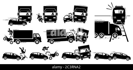 Icônes d'accident de la route et de collision du véhicule. Vector sparkle of Road accident between car, Motorcycle, lorry, and train. Illustration de Vecteur