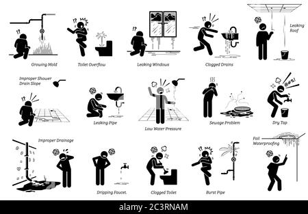 Problème de fuite d'eau et problème de plomberie dans le bâtiment de maison. Illustrations vectorielles de différents types de liste de problèmes de plomberie sur les tuyaux, les toilettes, les robinets, s Illustration de Vecteur