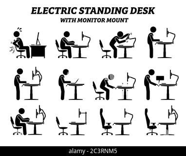Table de bureau électrique ergonomique avec support pour moniteur. Les icônes de pictogrammes représentant une figure de bâton représentent un homme ou une personne utilisant un bureau debout avec un hei réglable Illustration de Vecteur