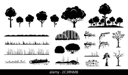 Motif graphique représentant des arbres, des plantes et des graminées. Ensemble d'arbres, de feuillages, d'herbe, de forêt, de fleurs, de buissons, de branches et de vignes en silhouette noire. Illustration de Vecteur