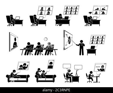 WFH ou travail à domicile vidéo conférence en ligne. Vecteur de personnes travaillant et de discussion par le biais de conférences Web. Vidéo heureux parents et enfants Illustration de Vecteur