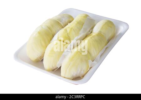Durian dans le paquet isoler sur fond blanc, Durian est le roi des fruits. Banque D'Images