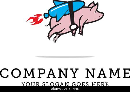 Pig volant avec logo de fusée, mignon porc dessin animé animal de soin illustration vecteur Illustration de Vecteur