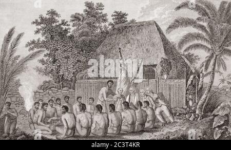 Sandwich Islanders fait des offrandes au capitaine James Cook en janvier 1778. Les îles Sandwich sont maintenant connues sous le nom d'îles hawaïennes. D'une gravure du XVIIIe siècle par Robert Benard après une oeuvre de John Webber. Banque D'Images