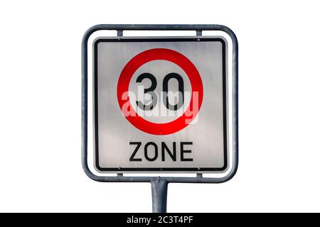 Limite de vitesse du panneau de signalisation zone 30s, fond blanc Banque D'Images