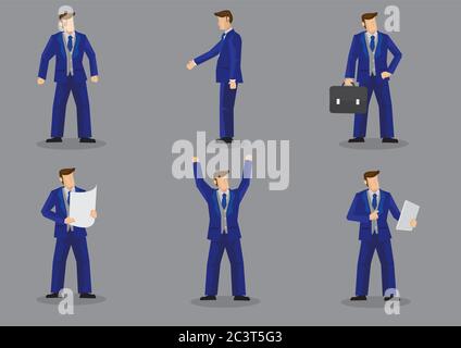 Ensemble de six vector illustration of businessman wearing bleu brillant costume trois pièces officielles dans différents gestes isolé sur fond gris. Illustration de Vecteur