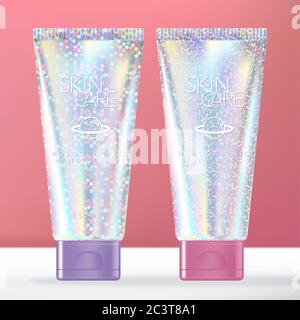 Vector tendance Glitter Holographic Beauty ou articles de toilette tube emballage pour les mains crème, Lotion ou shampooing. Illustration de Vecteur