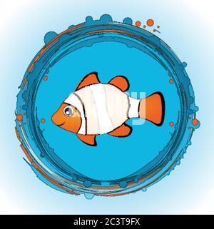Mignon poisson némo tropical dessiné à la main avec espace de copie vierge sur son corps sur une bordure circulaire bleue et orange et un fond blanc et bleu Illustration de Vecteur