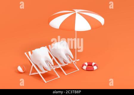 Dessin animé tooth on Holiday, concept de soins dentaires, rendu 3d. Dessin numérique informatique. Banque D'Images