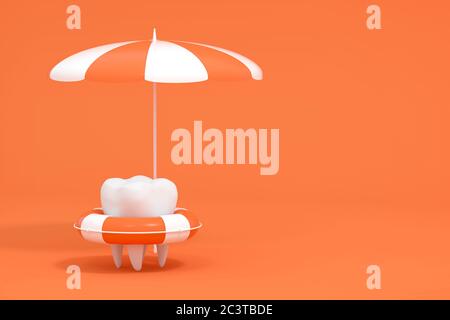 Dessin animé tooth on Holiday, concept de soins dentaires, rendu 3d. Dessin numérique informatique. Banque D'Images