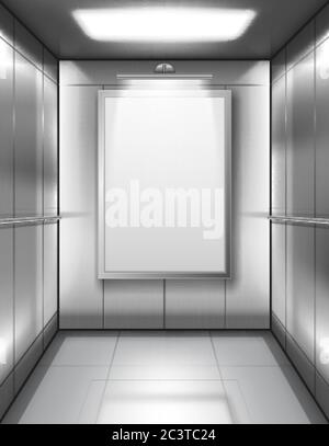 Cabine d'ascenseur vide avec affiche vierge. Vector intérieur réaliste de l'ascenseur de passagers ou de cargaison avec murs métalliques, mains courantes et panneau publicitaire blanc dans le bâtiment de bureau ou la maison Illustration de Vecteur