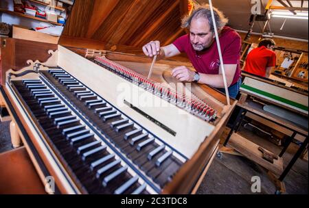 22 juin 2020, Mecklembourg-Poméranie occidentale, Rostock: Le fabricant d'instruments Johann-Gottfried Schmidt travaille sur une réplique d'un clavecin après Michael Mietke de 1710 du Palais Berlin-Charlottenburg dans l'atelier "instruments historiques de clavier - Johann-Gottfried Schmidt". Fondée en 2003, la société est principalement active dans la construction d'instruments de musique et emploie trois personnes. Dans la petite entreprise, les instruments tels que la poitrine et les petits organes, les clavecins, les spinettes, les virginals et les clavicordes écoles de construction allemandes et italiennes sont faits comme des pièces uniques. P Banque D'Images