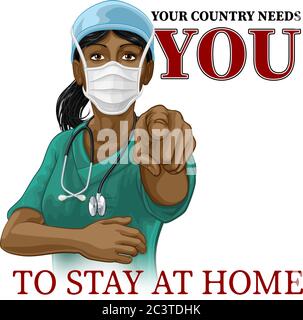 Médecin infirmière femme a besoin de vous rester à la maison pointant Illustration de Vecteur