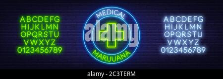 Signe de néon de marijuana médicale. Alphabet néon sur fond de mur de brique. Illustration de Vecteur