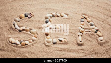 Une plage avec une inscription en anglais: mer. Les lettres sont faites par des coquillages. Banque D'Images