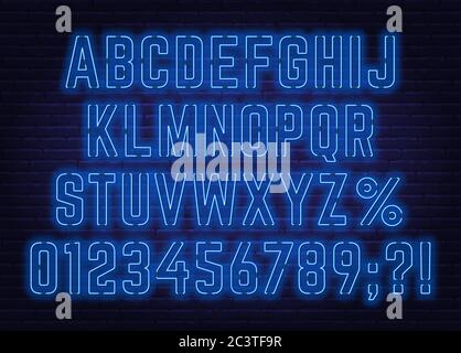 Police bleu fluo avec chiffres et signes de ponctuation. Illustration de Vecteur