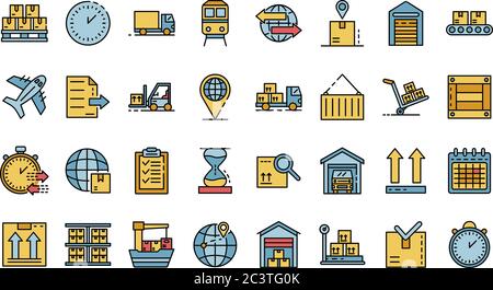 Les icônes d'exportation de marchandises définissent le vecteur à plat Illustration de Vecteur